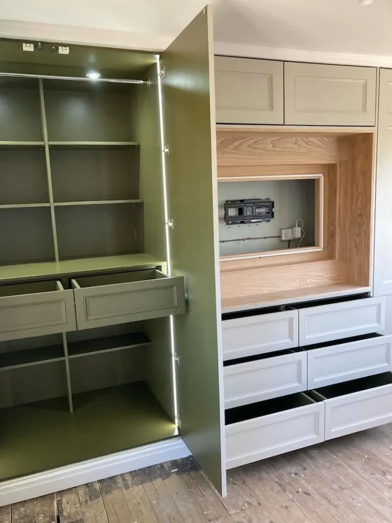 Extra deep wardrobes finished off with farrow and ball minster green paint