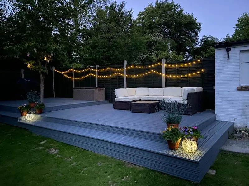 Multi level gardden decking with integrated lighting in chevening