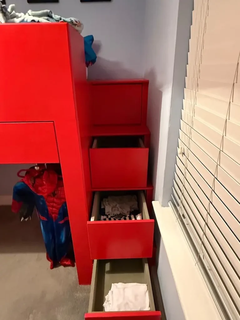 Cabin bed staircase with push to open drawers for additional storage space