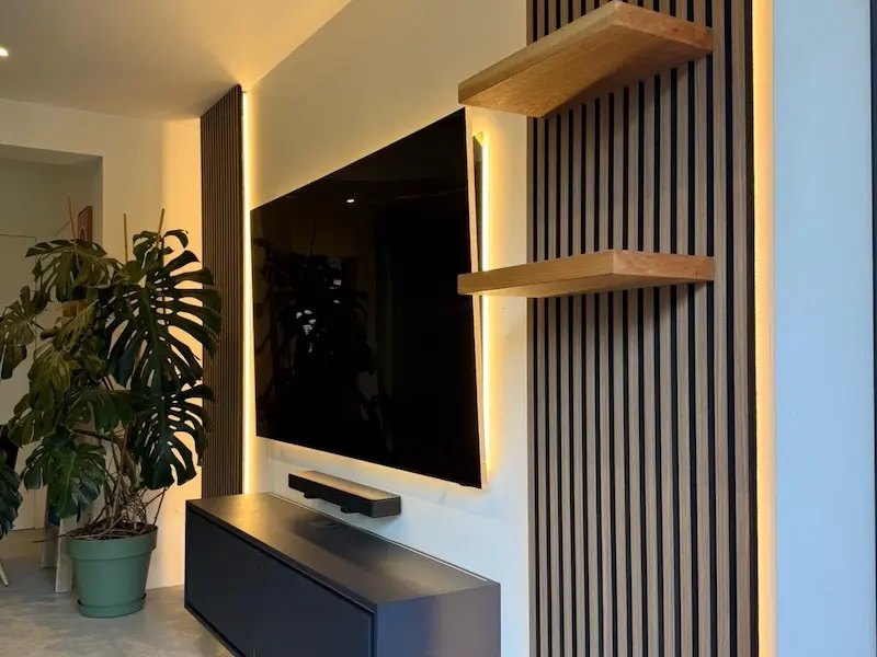 Illuminated feature tv wall with acoustic panelling in tunbridge wells