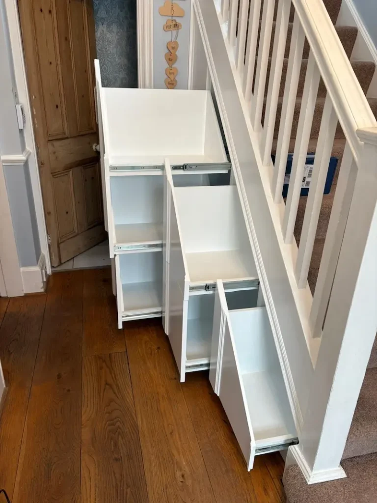Push to open drawers in concealed understairs storage